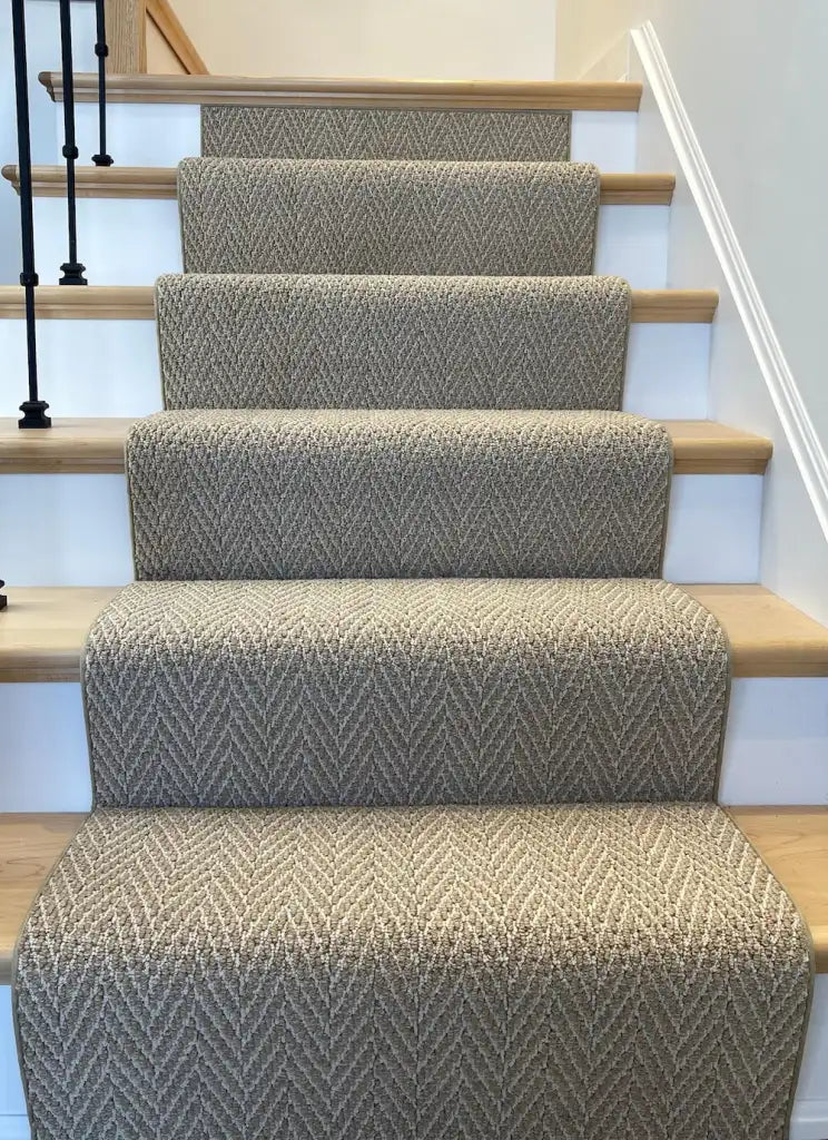 Herringbone Stair Runner in Warm Neutral Beige-Cork, Custom Cut by the Foot with Bound Edges