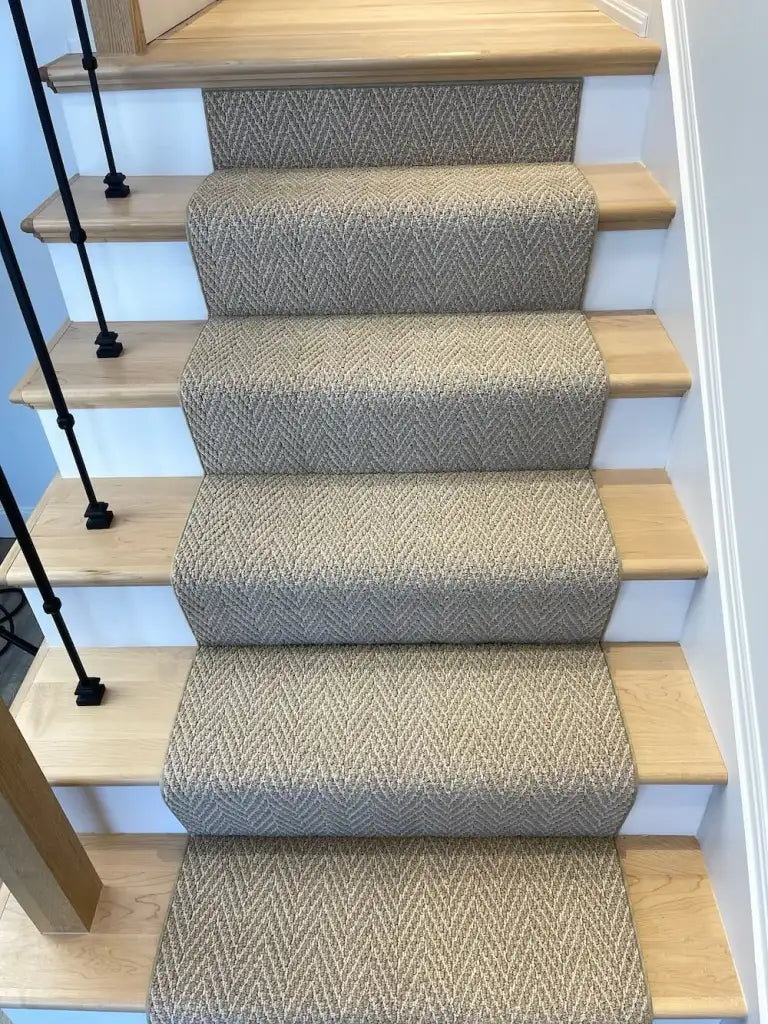 Herringbone Stair Runner in Warm Neutral Beige-Cork, Custom Cut by the Foot with Bound Edges