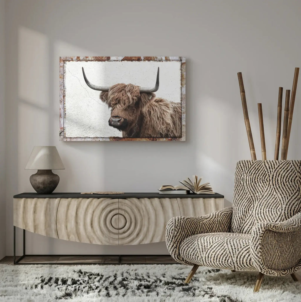 Highland Cow Canvas Wall Art in a Rustic Gallery Wrapped Style,