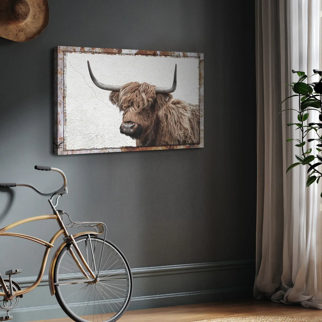Highland Cow Canvas Wall Art in a Rustic Gallery Wrapped Style,