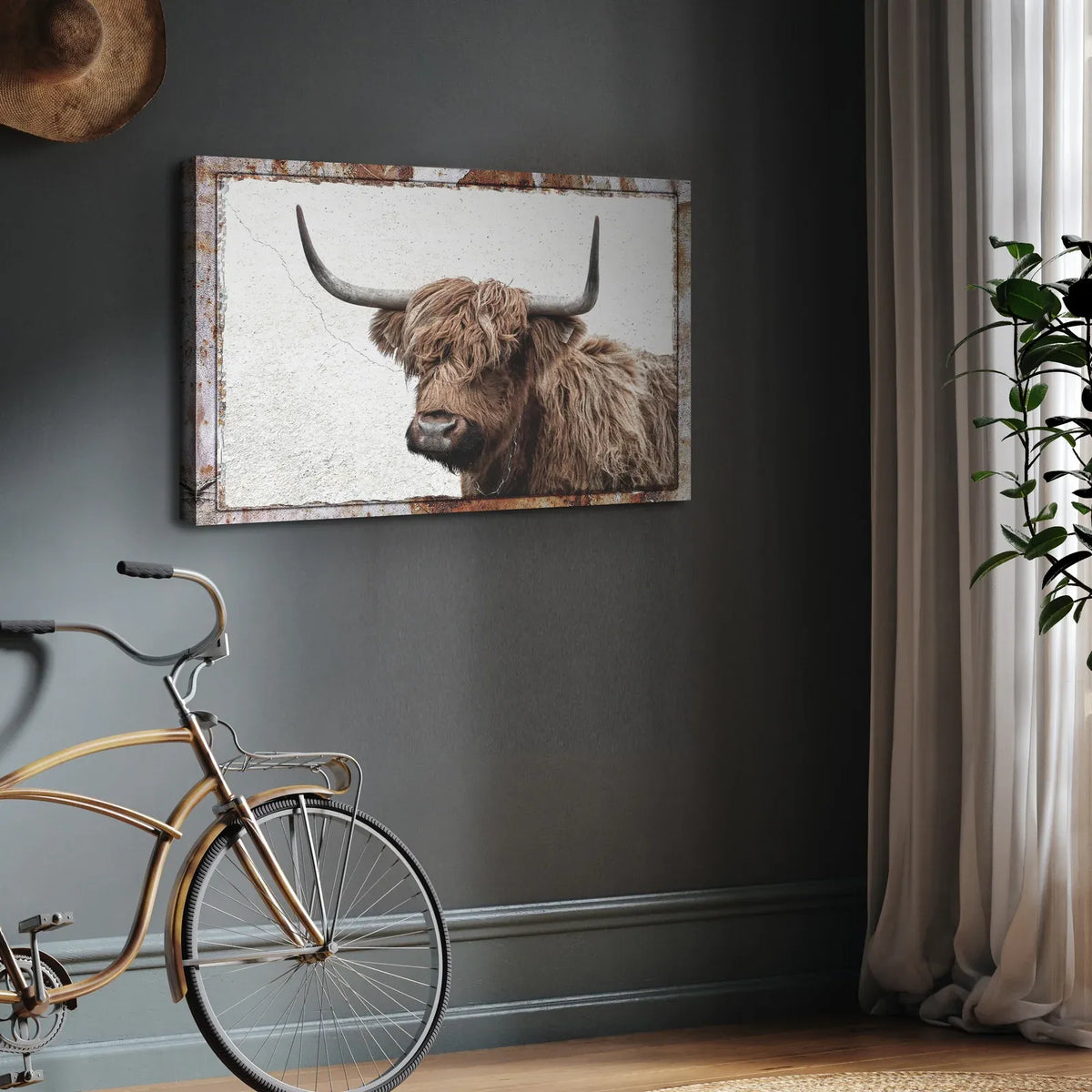 Highland Cow Canvas Wall Art in a Rustic Gallery Wrapped Style,