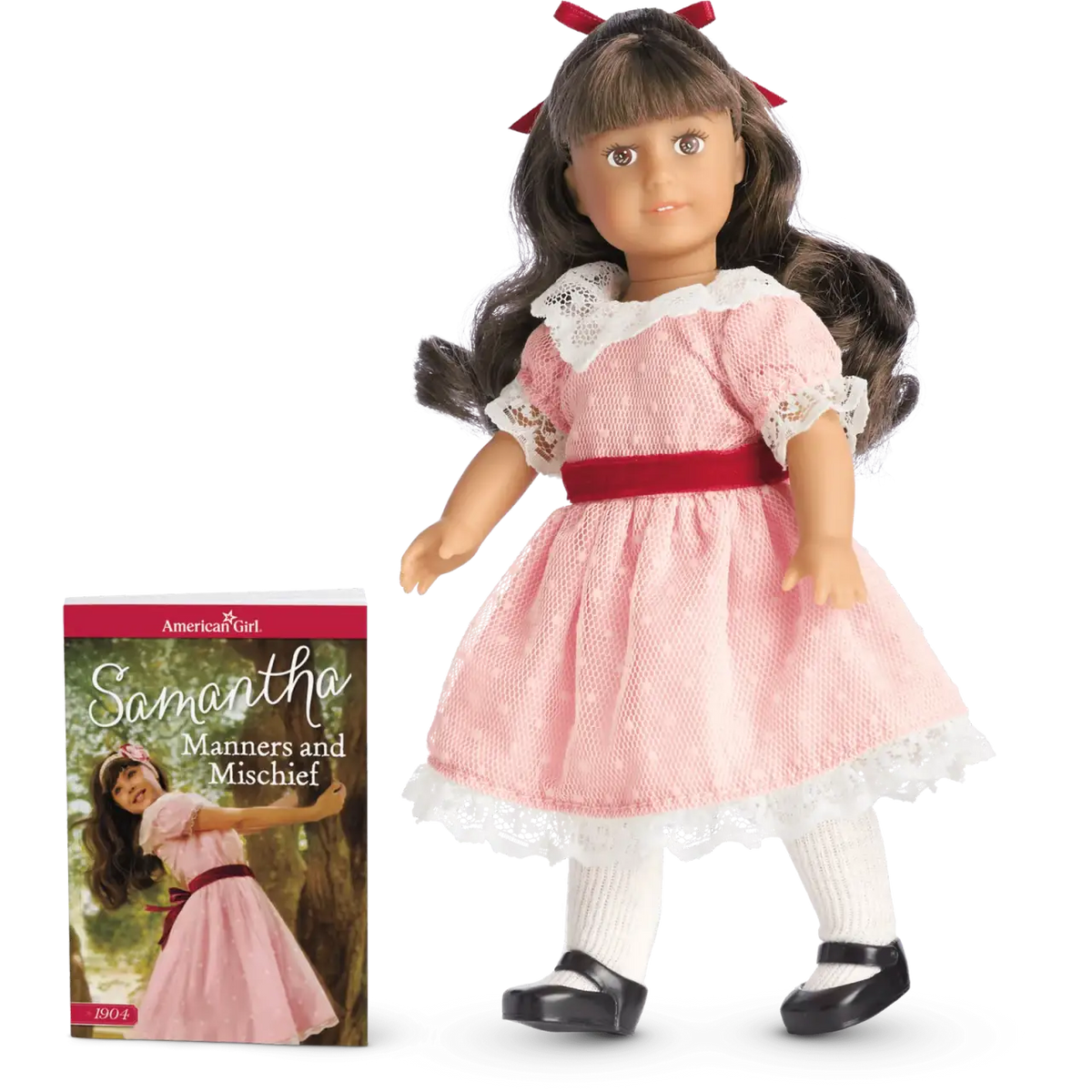 Historical Mini Doll with Brown Painted Eyes, Glossy Curls, Posable Vinyl Limbs, 1904 Outfit and Mini Book
