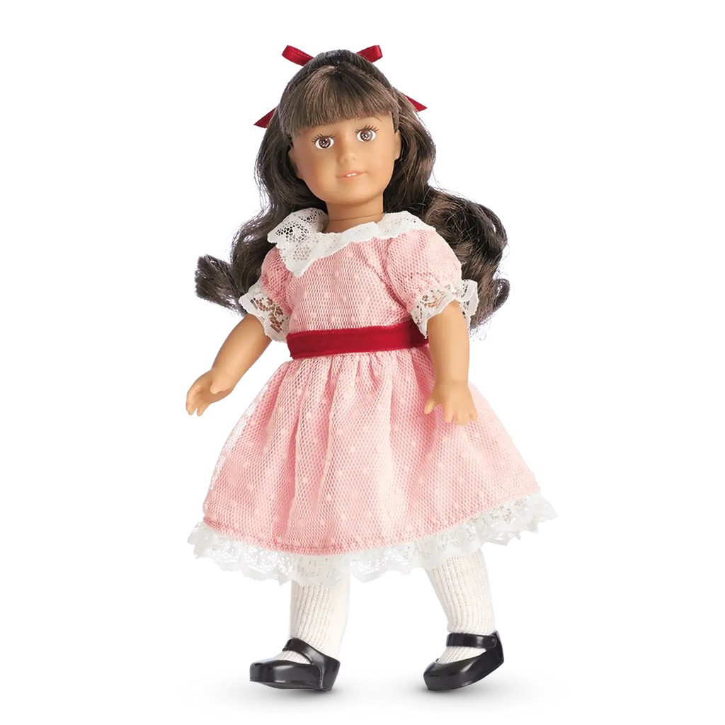 Historical Mini Doll with Brown Painted Eyes, Glossy Curls, Posable Vinyl Limbs, 1904 Outfit and Mini Book