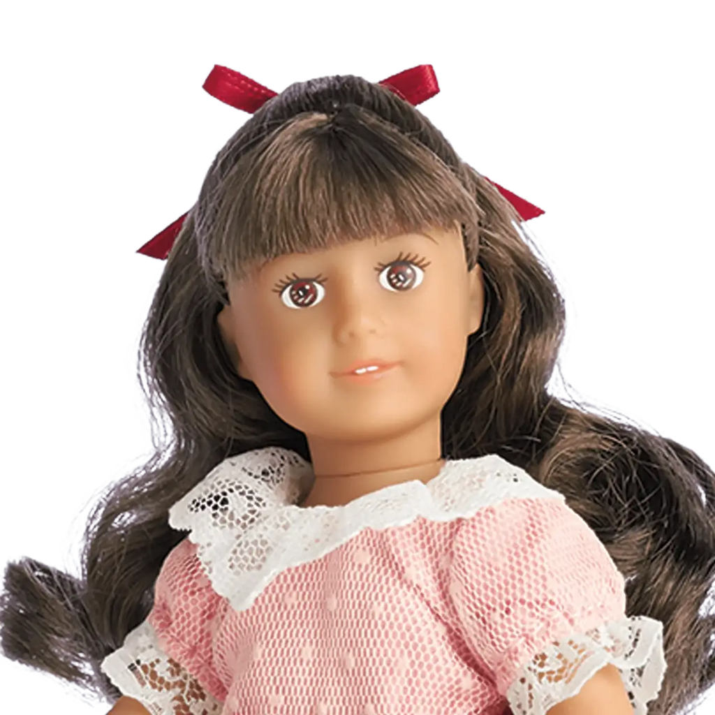 Historical Mini Doll with Brown Painted Eyes, Glossy Curls, Posable Vinyl Limbs, 1904 Outfit and Mini Book