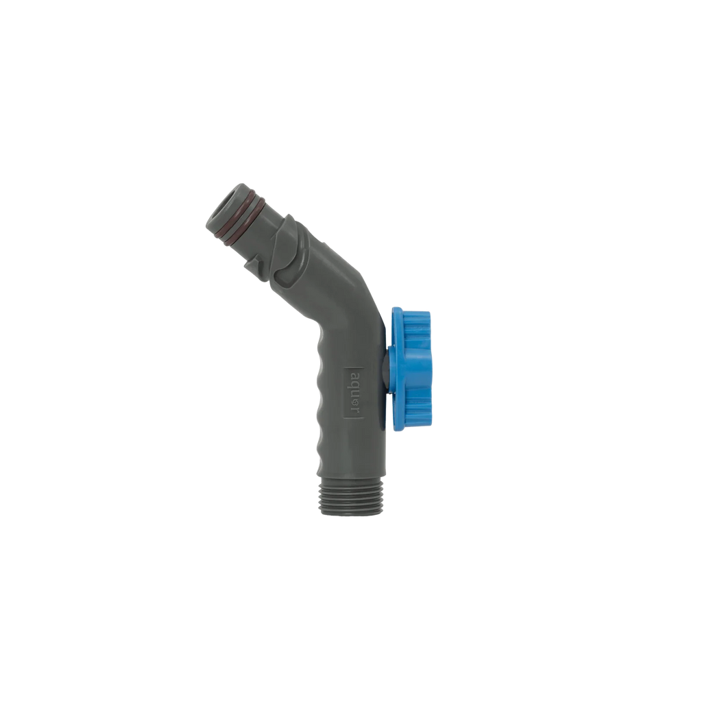 Hose Connector with Integrated Ball Valve and Angled Handle for Garden Hose Water Control · Integrated ball valv — Slate Gray
