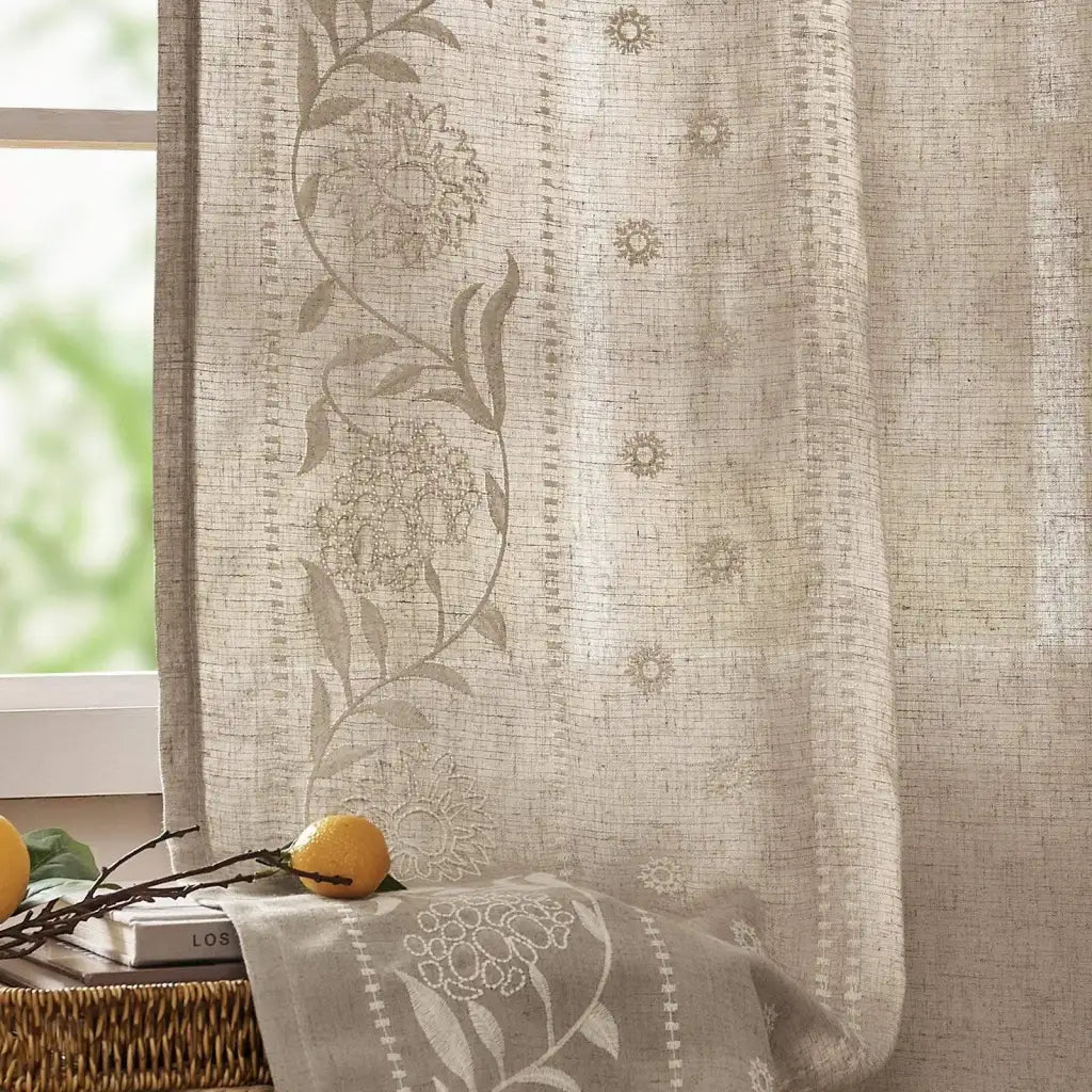 Hydrangea Embroidered Curtains in Light-Filtering Linen Blend for Living Rooms and Bedrooms, 2 Panels