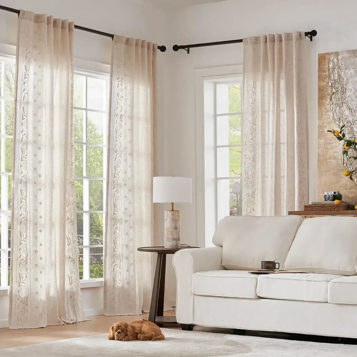 Hydrangea Embroidered Curtains in Light-Filtering Linen Blend for Living Rooms and Bedrooms, 2 Panels