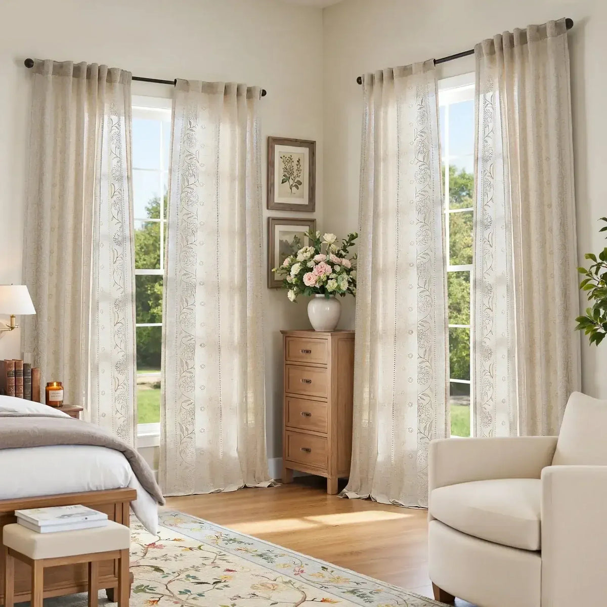 Hydrangea Embroidered Curtains in Light-Filtering Linen Blend for Living Rooms and Bedrooms, 2 Panels