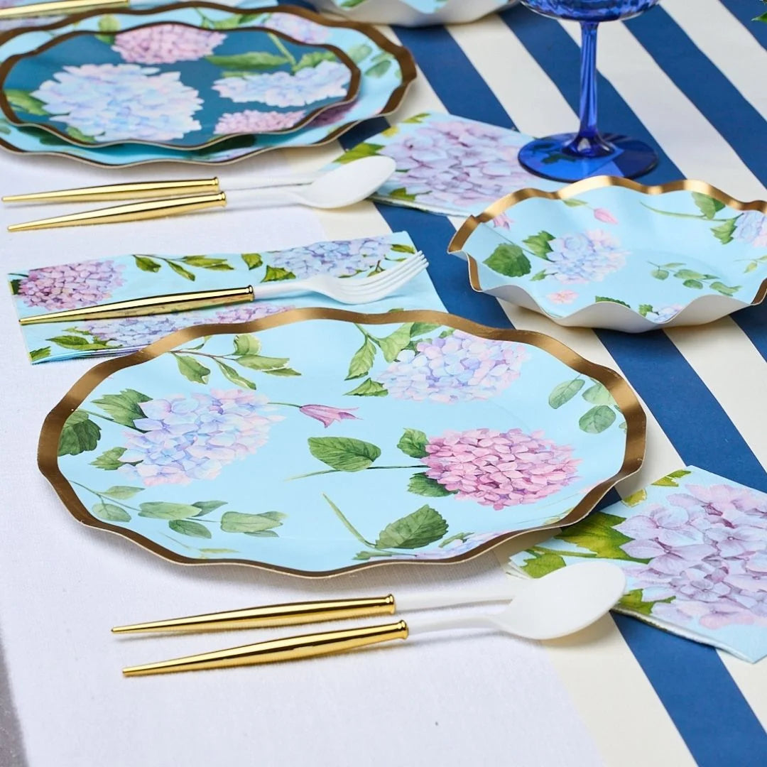 Hydrangea Paper Dinner Plates in Blue, 8 Pack of 10-Inch Plates Featuring Ruffled Foil Edges for Gatherings