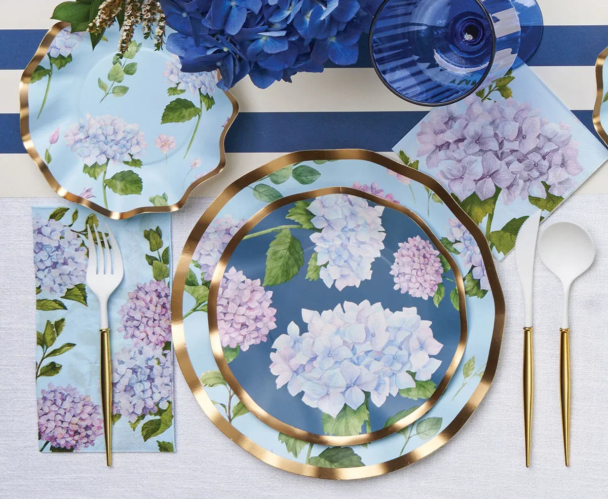 Hydrangea Paper Salad Plates, 8-Inch Blue Floral Design with Ruffled Foil Edges, Pack of 8 for Parties