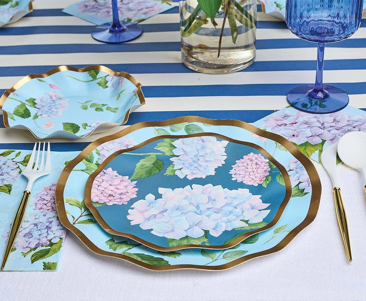 Hydrangea Paper Salad Plates, 8-Inch Blue Floral Design with Ruffled Foil Edges, Pack of 8 for Parties