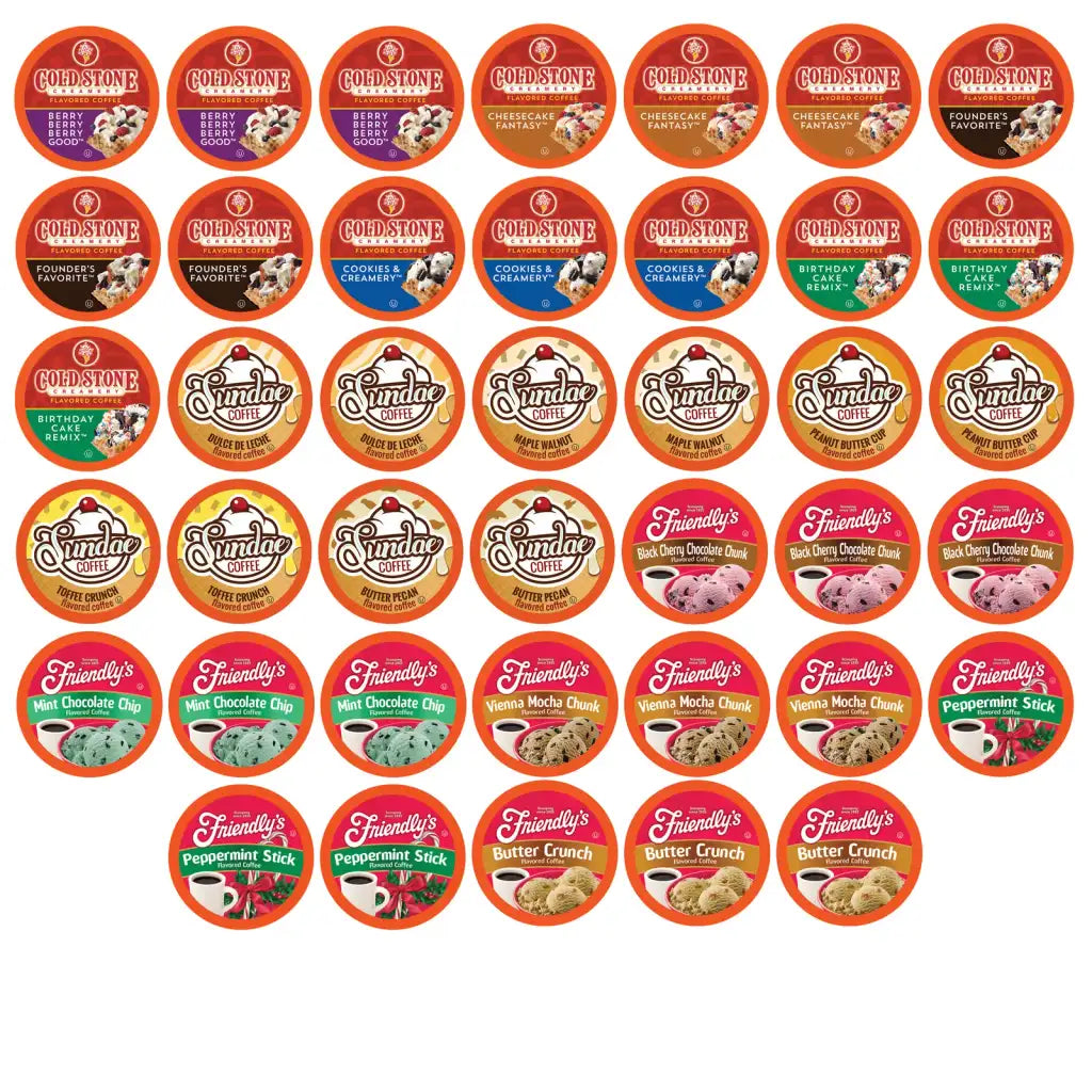 Ice Cream Flavored Coffee Pods Variety Pack, Light Roast Assortment in 40 or 100 Count · Ice cream-flavored coffee assortm
