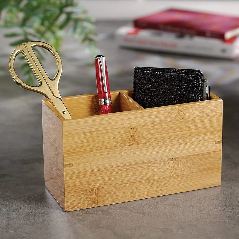 Index Card Box with Solid Bamboo Design and Convertible Two-Cup Pen Holder for Organized Desks