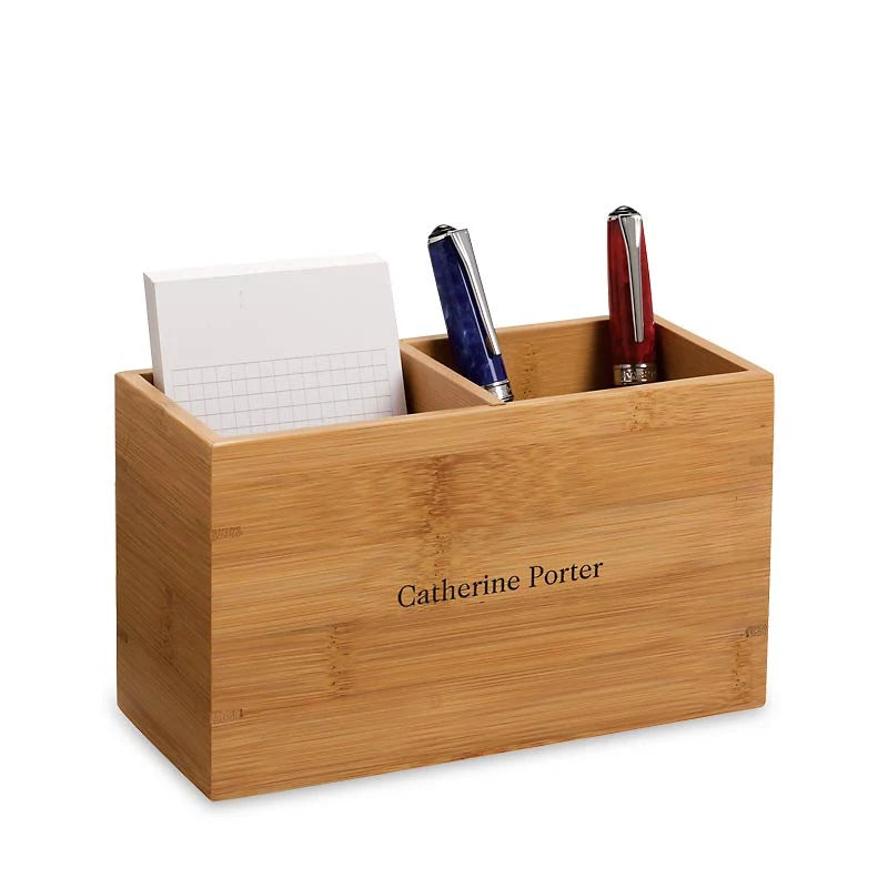 Index Card Box with Solid Bamboo Design and Convertible Two-Cup Pen Holder for Organized Desks