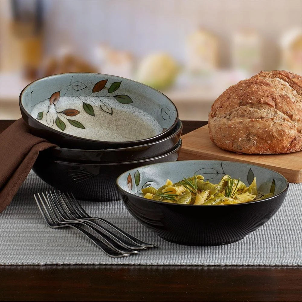 Individual Pasta Bowls in Rustic Leaves Stoneware, Set of 4