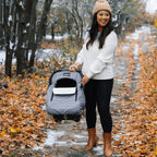Infant Winter Car Seat Cover with Soft Grey Outer Fabric and Adjustable Canopy Airflow · Infant Car Seat Cover