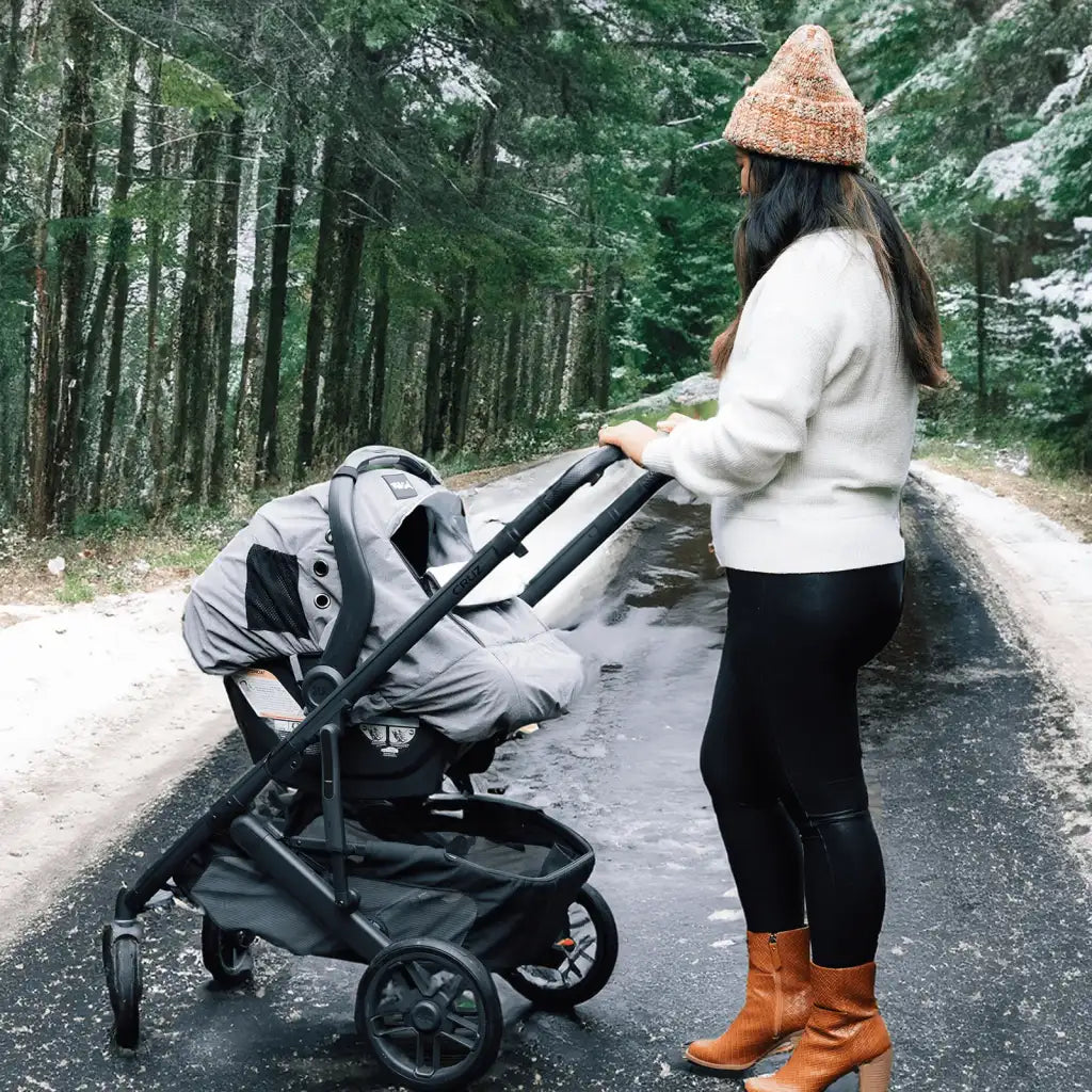 Infant Winter Car Seat Cover with Soft Grey Outer Fabric and Adjustable Canopy Airflow · Infant Car Seat Cover