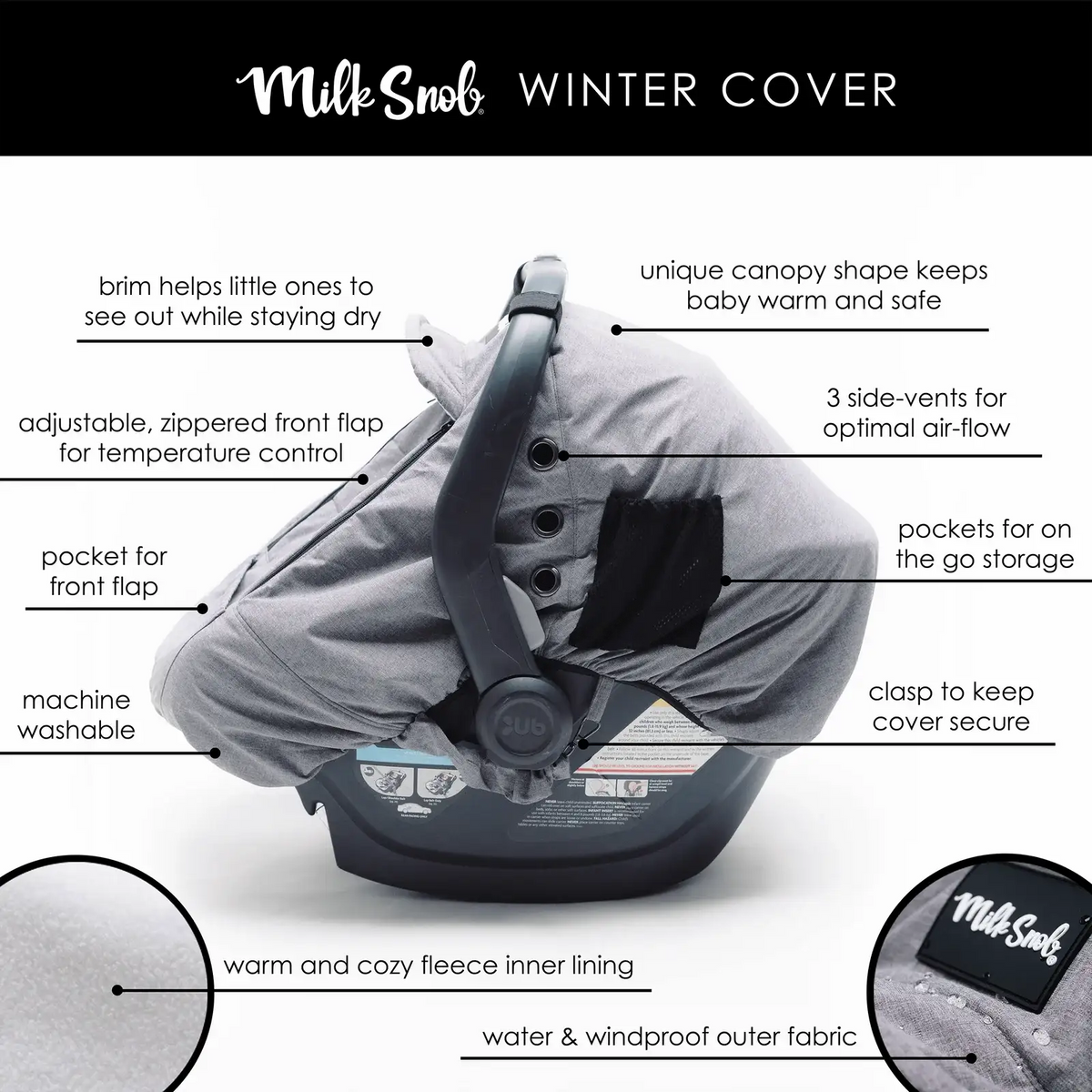 Infant Winter Car Seat Cover with Soft Grey Outer Fabric and Adjustable Canopy Airflow · Infant Car Seat Cover