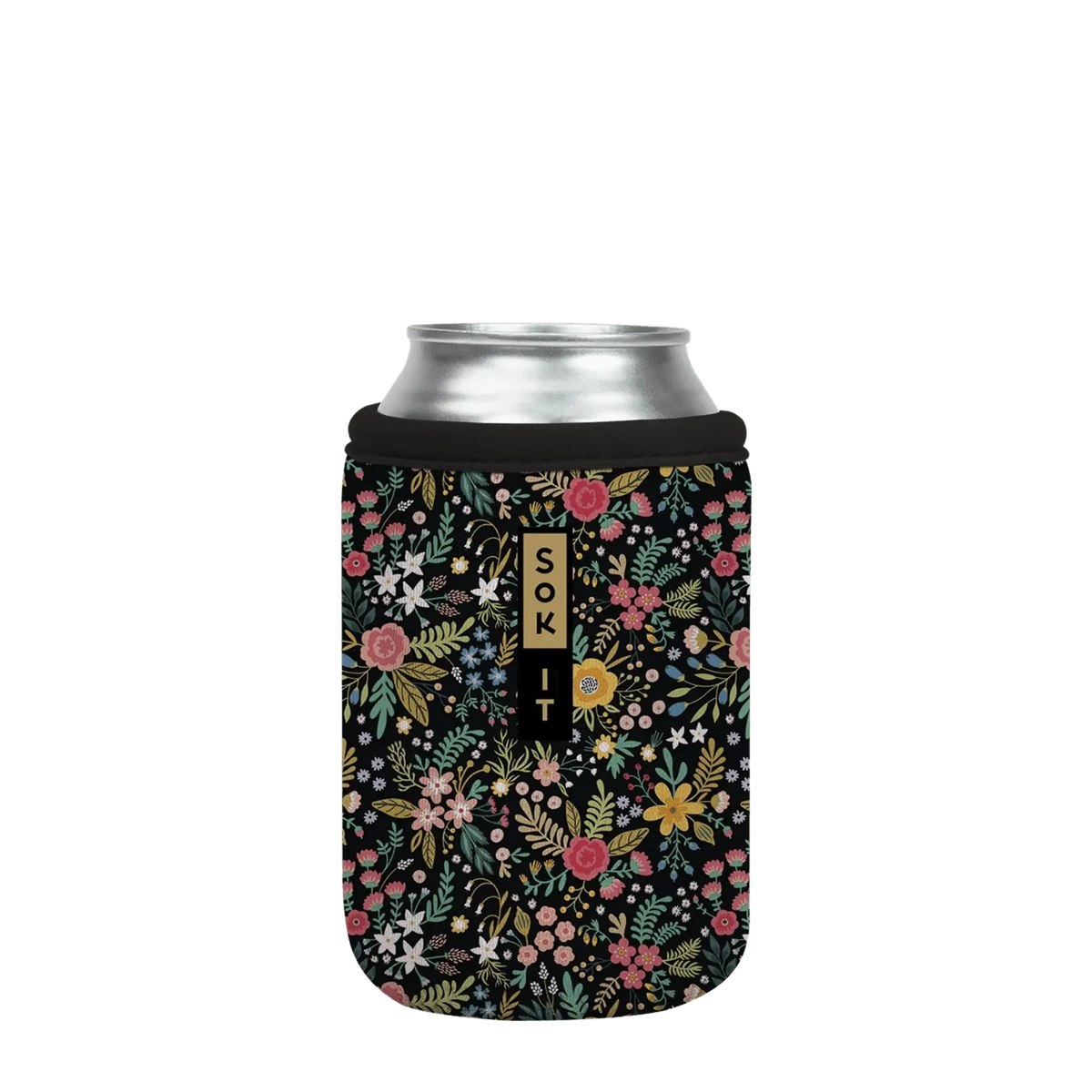 Insulated Can Sleeve in Black English Garden Picnic Print, 12oz Can