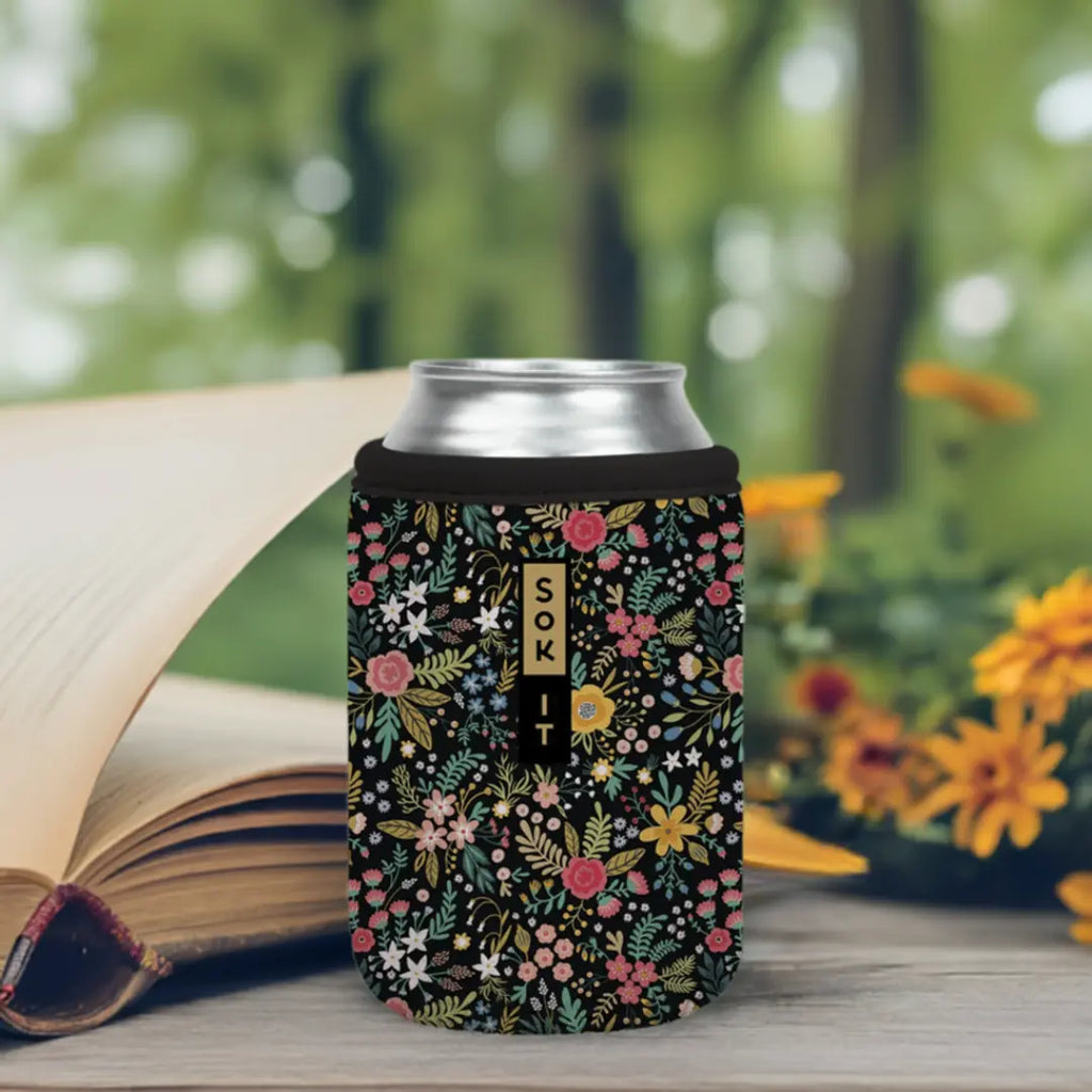 Insulated Can Sleeve in Black English Garden Picnic Print