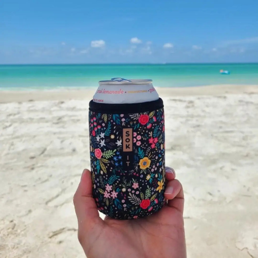 Insulated Can Sleeve in Black English Garden Picnic Print