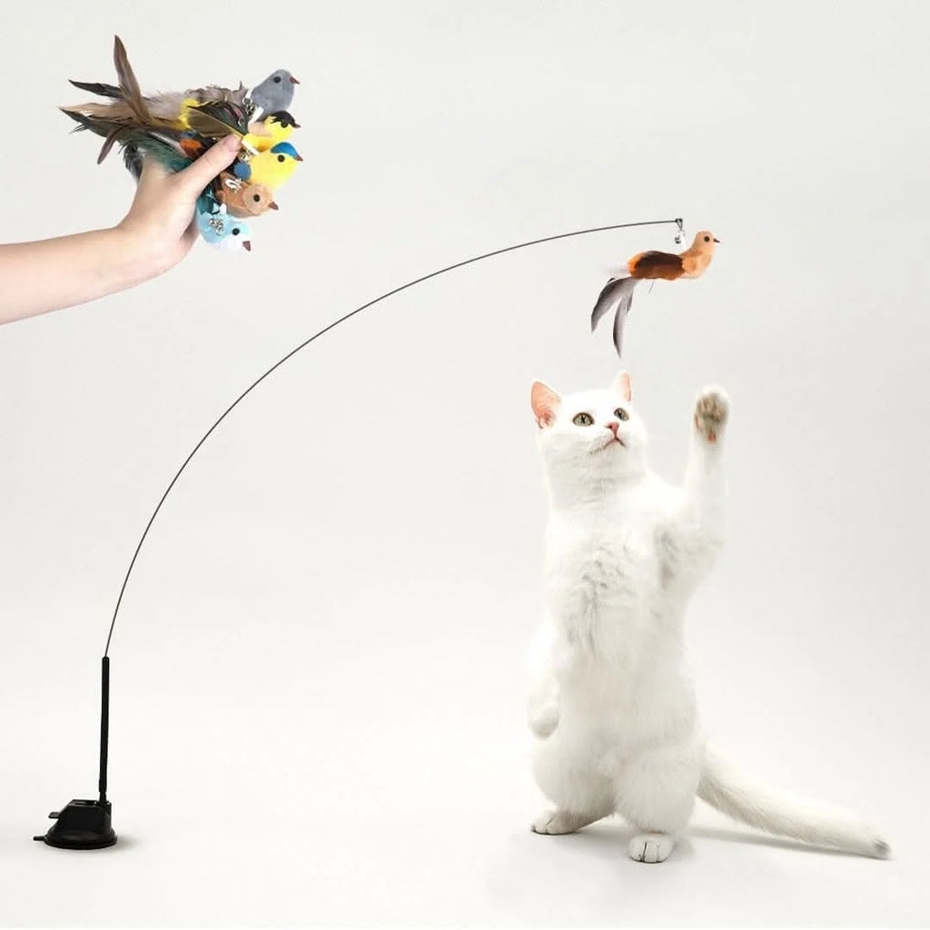 Interactive Bird Simulation Cat Toy with Suction Cup Base, Bells and Replaceable Birds for Indoor Enrichment