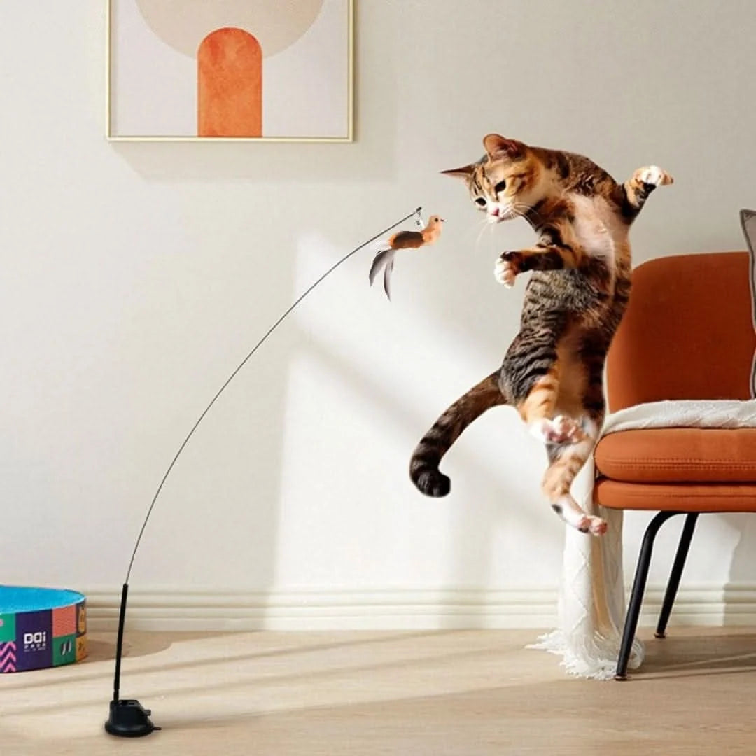 Interactive Bird Simulation Cat Toy with Suction Cup Base, Bells and Replaceable Birds for Indoor Enrichment