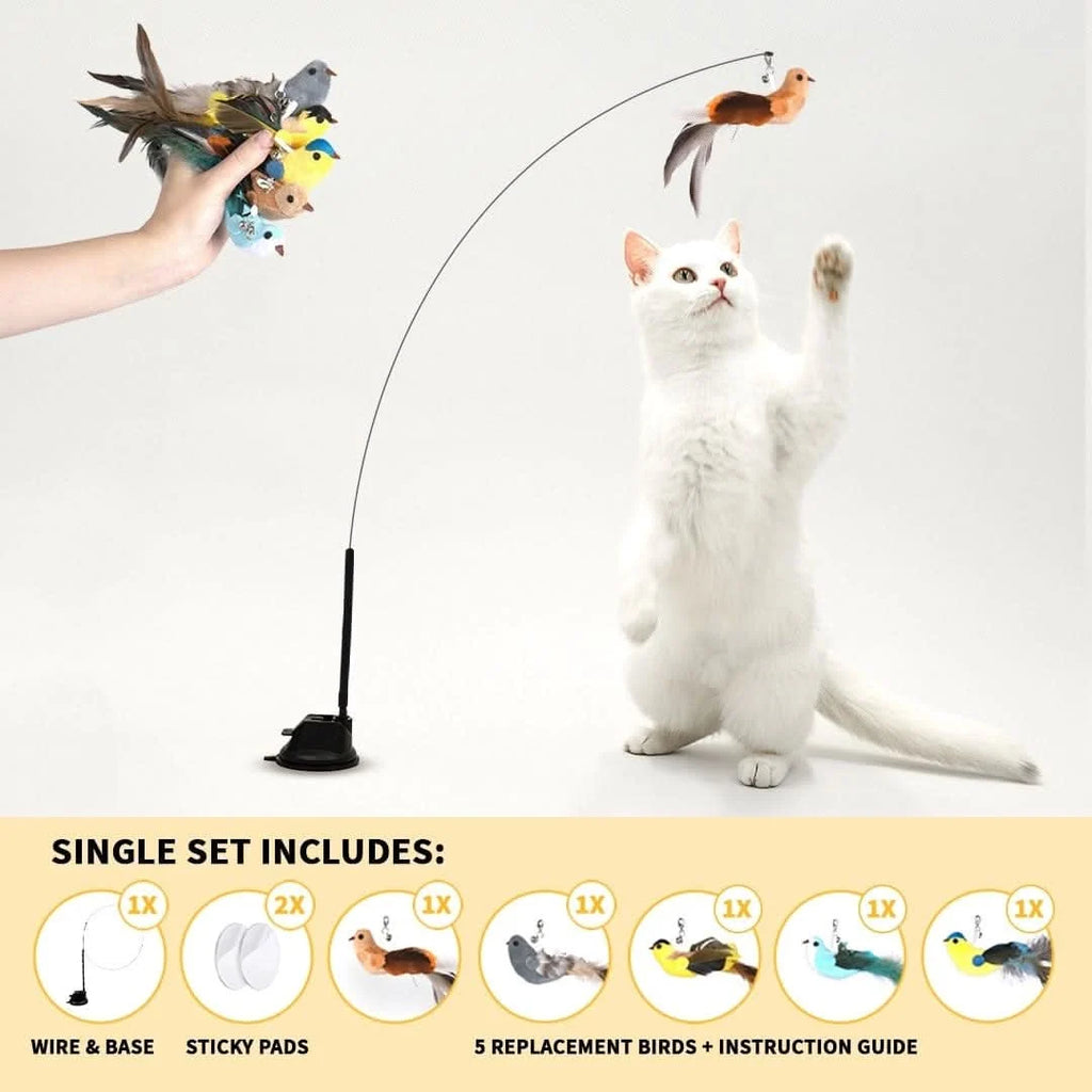 Interactive Bird Simulation Cat Toy with Suction Cup Base, Bells and Replaceable Birds for Indoor Enrichment