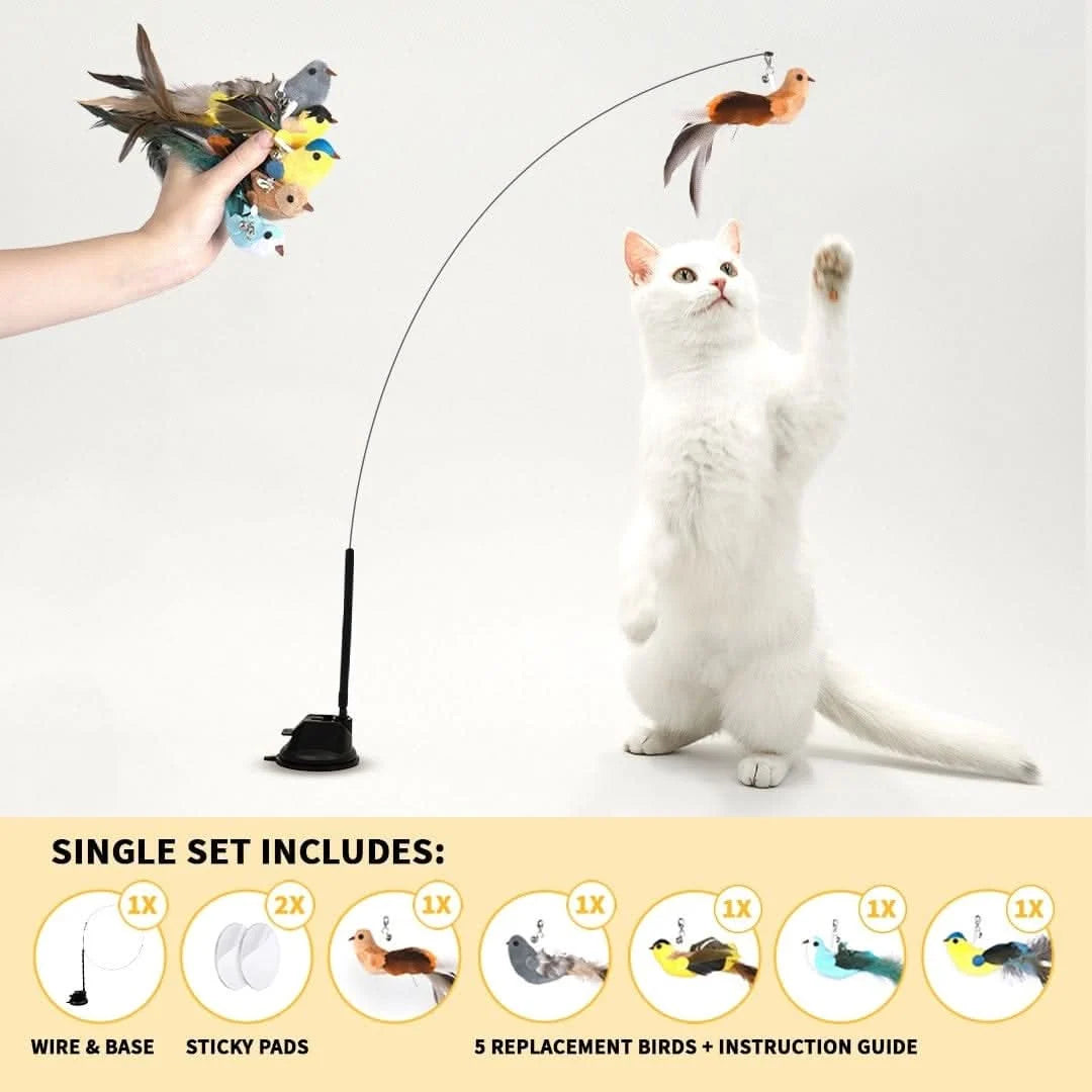 Interactive Bird Simulation Cat Toy with Suction Cup Base, Bells and Replaceable Birds for Indoor Enrichment