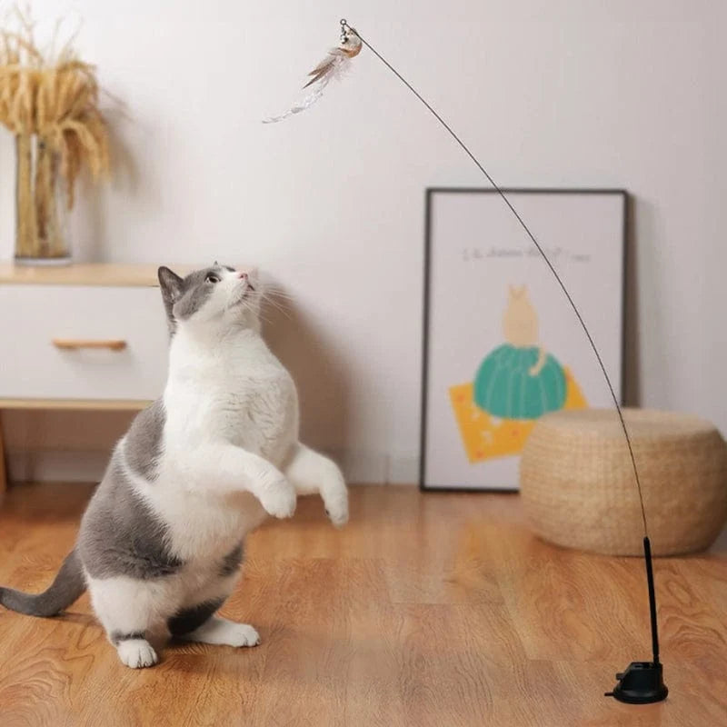 Interactive Bird Simulation Cat Toy with Suction Cup Base, Bells and Replaceable Birds for Indoor Enrichment