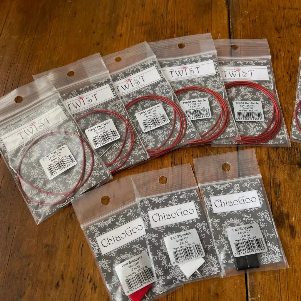 Interchangeable Knitting Needle Cords and Accessories for Twist Cable Systems, Adapters, Stoppers, Connectors and Tools