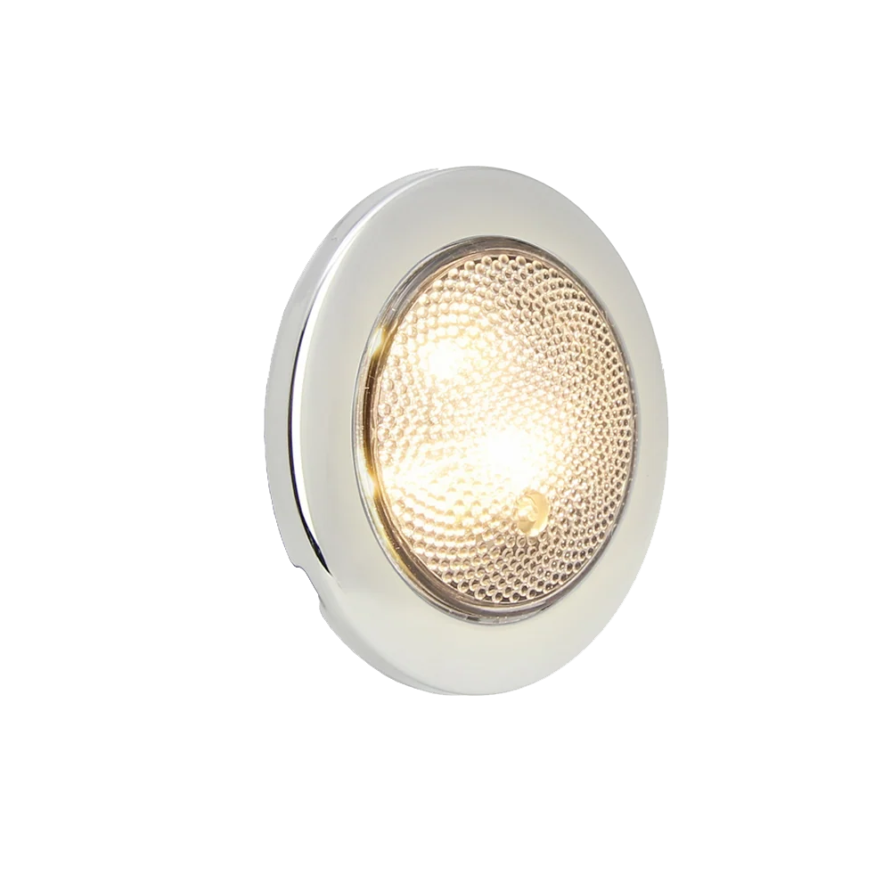 Interior LED Courtesy Light with Push-Lens Switch, 3000K Warm or Blue Light, Stainless Steel or Black Finish