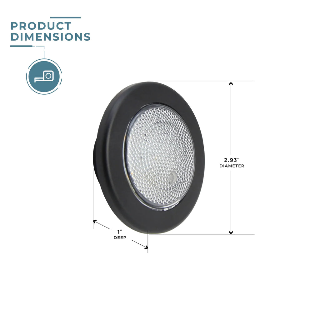 Interior LED Courtesy Light with Push-Lens Switch, 3000K Warm or Blue Light, Stainless Steel or Black Finish