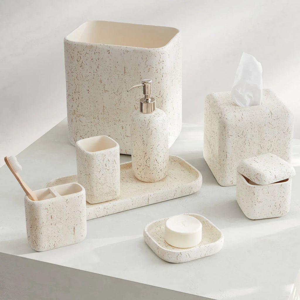 Ivory Resin Bathroom Accessory Collection with Lotion Dispenser, Soap Dish, Tumbler and Storage Pieces