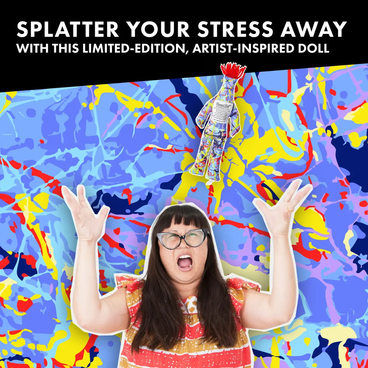 Jackson Pollock-Inspired Stress Relief Doll with Colorful Paint-Splatter Design for Creative Desks and Gifts