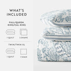 Jacobean and Stripe Reversible Quilted Coverlet Set in Dusk Blue