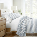 Jacobean and Stripe Reversible Quilted Coverlet Set in Dusk Blue