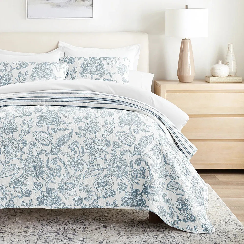 Jacobean and Stripe Reversible Quilted Coverlet Set in Dusk Blue