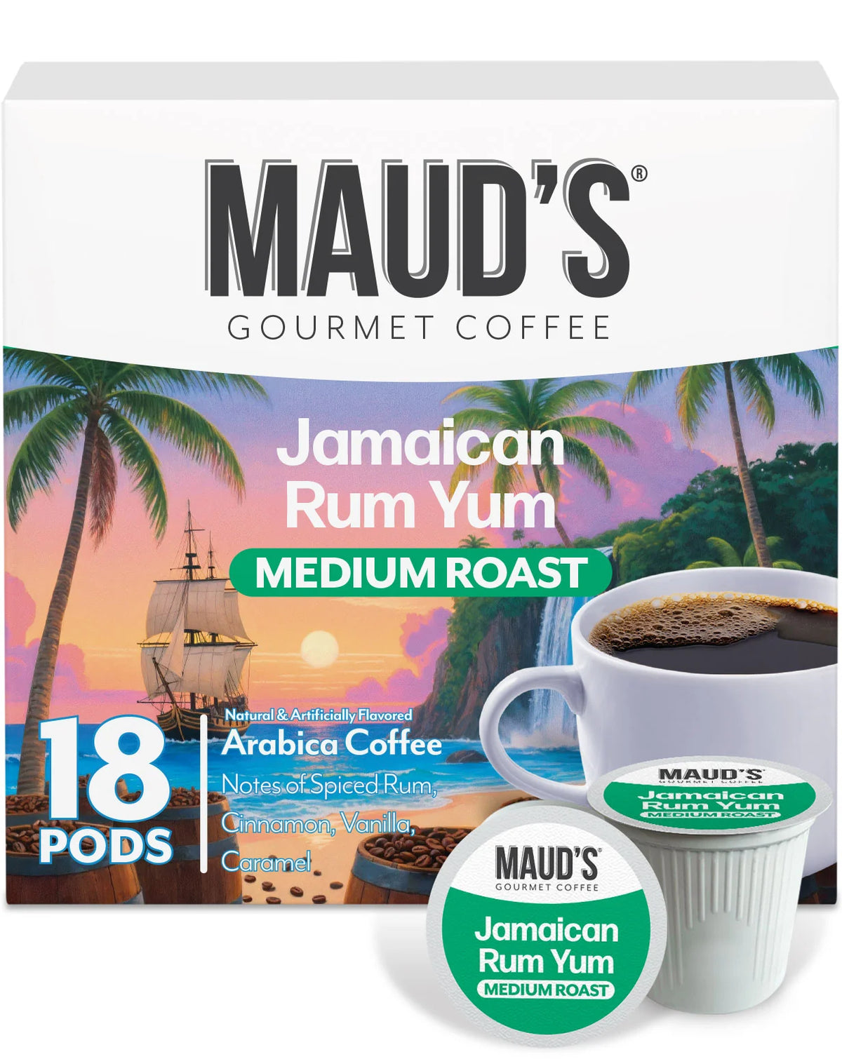 Jamaican Rum Yum Coffee Pods, Medium Roast Low-Acidity Flavor in Sealed Fresh Recyclable 18ct or 36ct Packs — 18ct