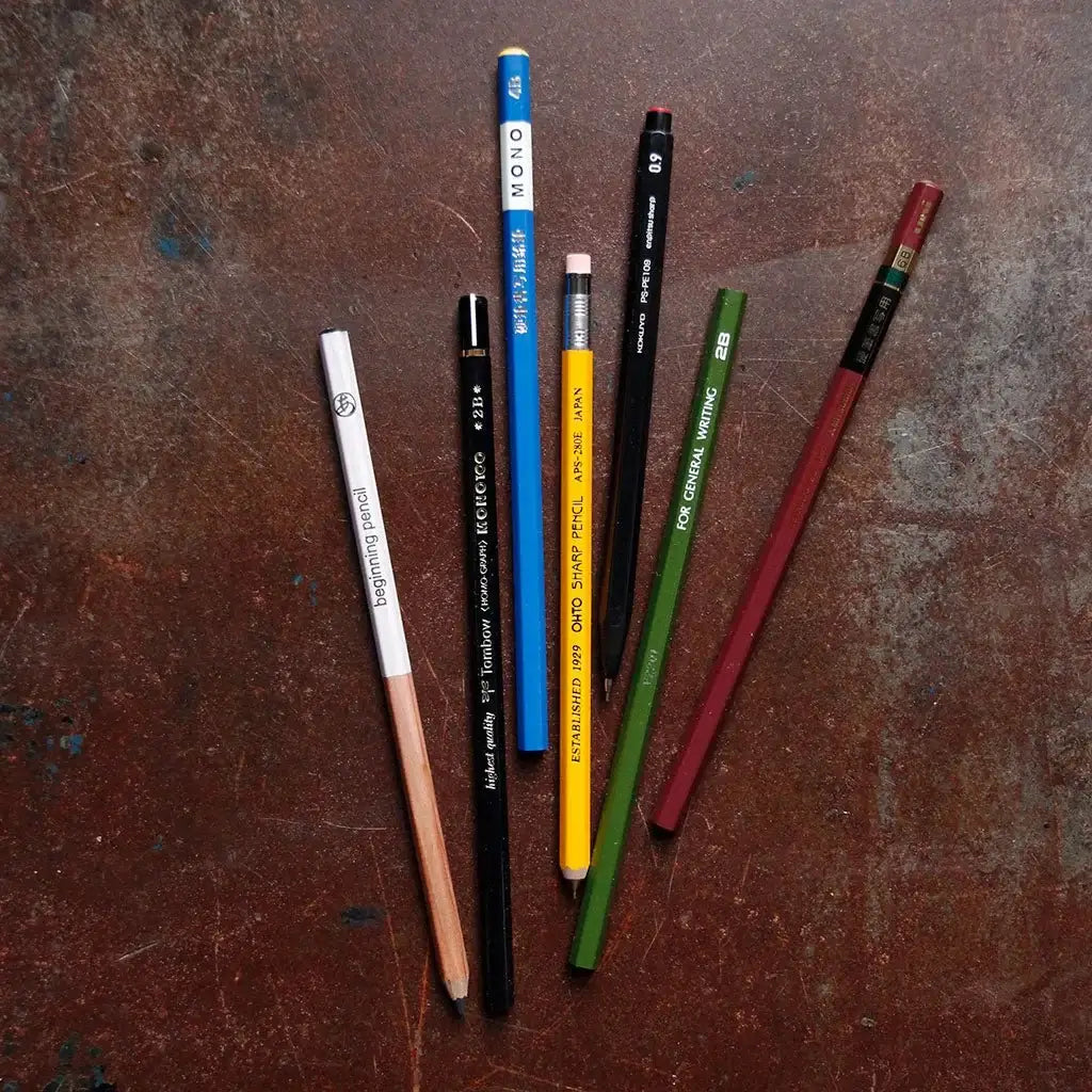 Japanese Pencil Collection Set with Seven Writing Pencils, Including Two Mechanical Pencils in Varied Lead Grades
