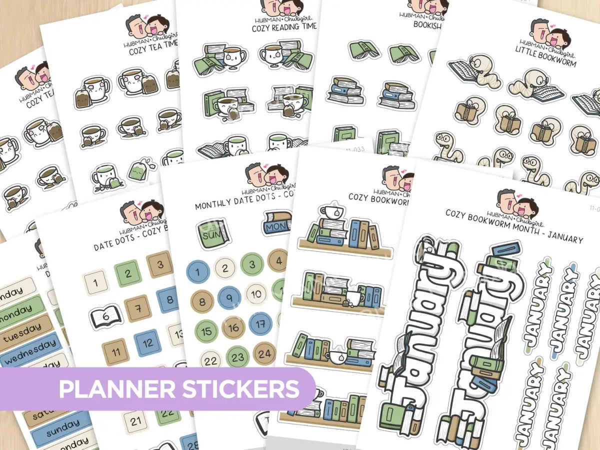 Journal Sticker Pack in Cozy Bookworm Design, January