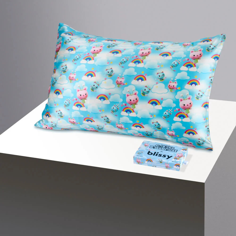 Junior Standard Silk Pillowcase with Kitty Fairy and Rainbow Sky Design for Comfortable Children's Bedtime