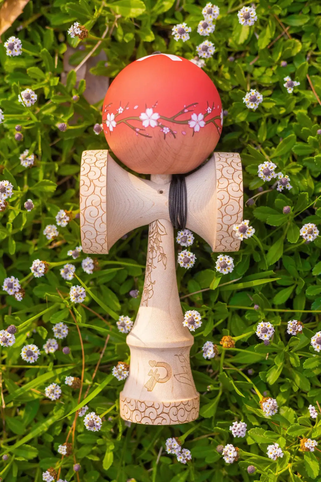 Kendama with Engraved Maple Ken and Beech Tama, Featuring Large Cups and a 25mm Crushable Bevel