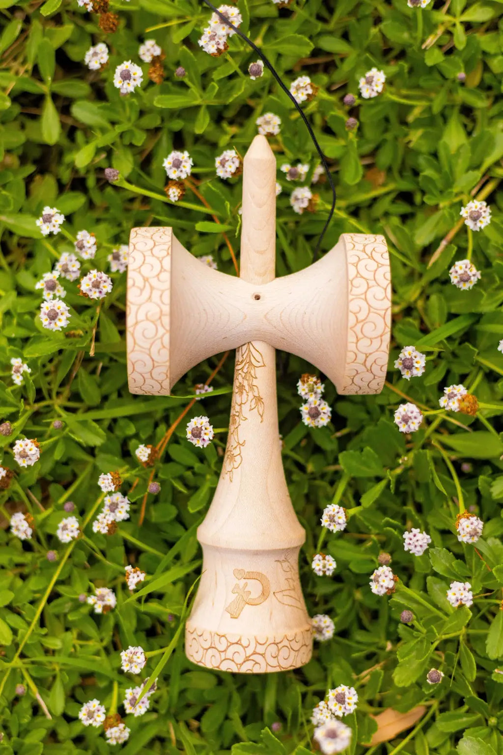 Kendama with Engraved Maple Ken and Beech Tama, Featuring Large Cups and a 25mm Crushable Bevel