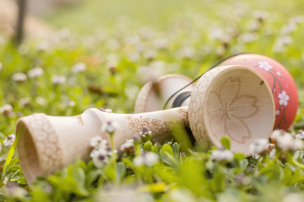Kendama with Engraved Maple Ken and Beech Tama, Featuring Large Cups and a 25mm Crushable Bevel