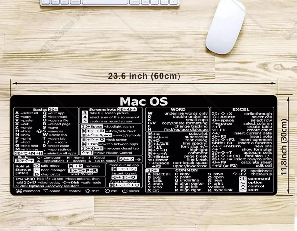 Keyboard Shortcut Mat with Bright, Easy-to-Read Command References in M, L, and Mac OS Desk Siz — MAC OS  -  11.8x23.6 Inches