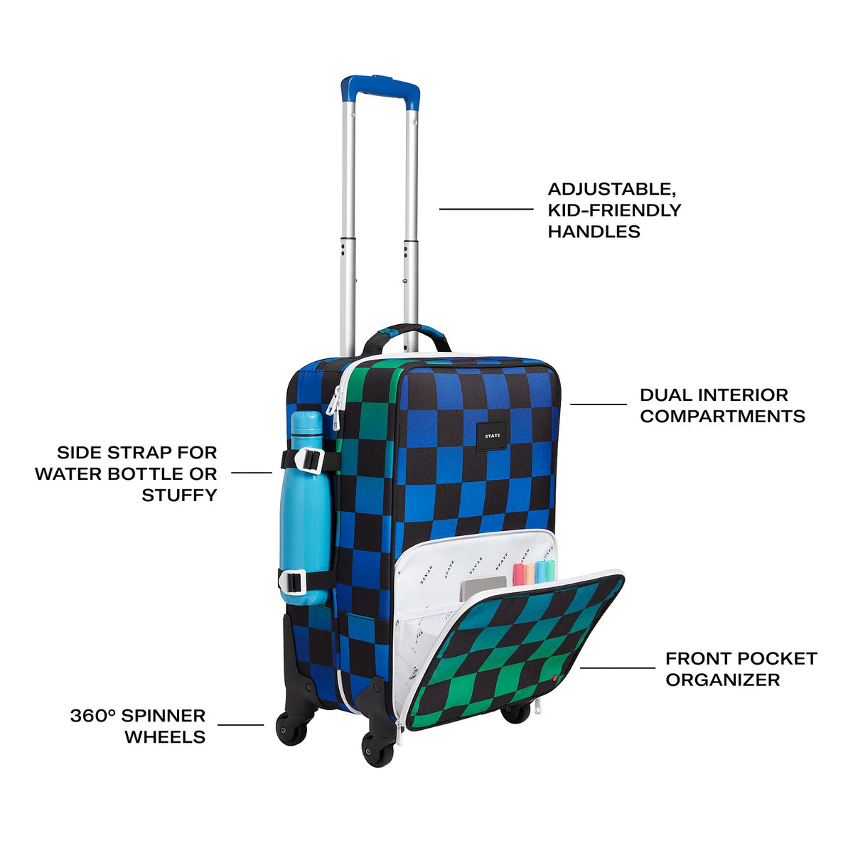 Kids Carry-On Suitcase with 360° Spinner Wheels, Adjustable Handle and Blue Checkerboard Design