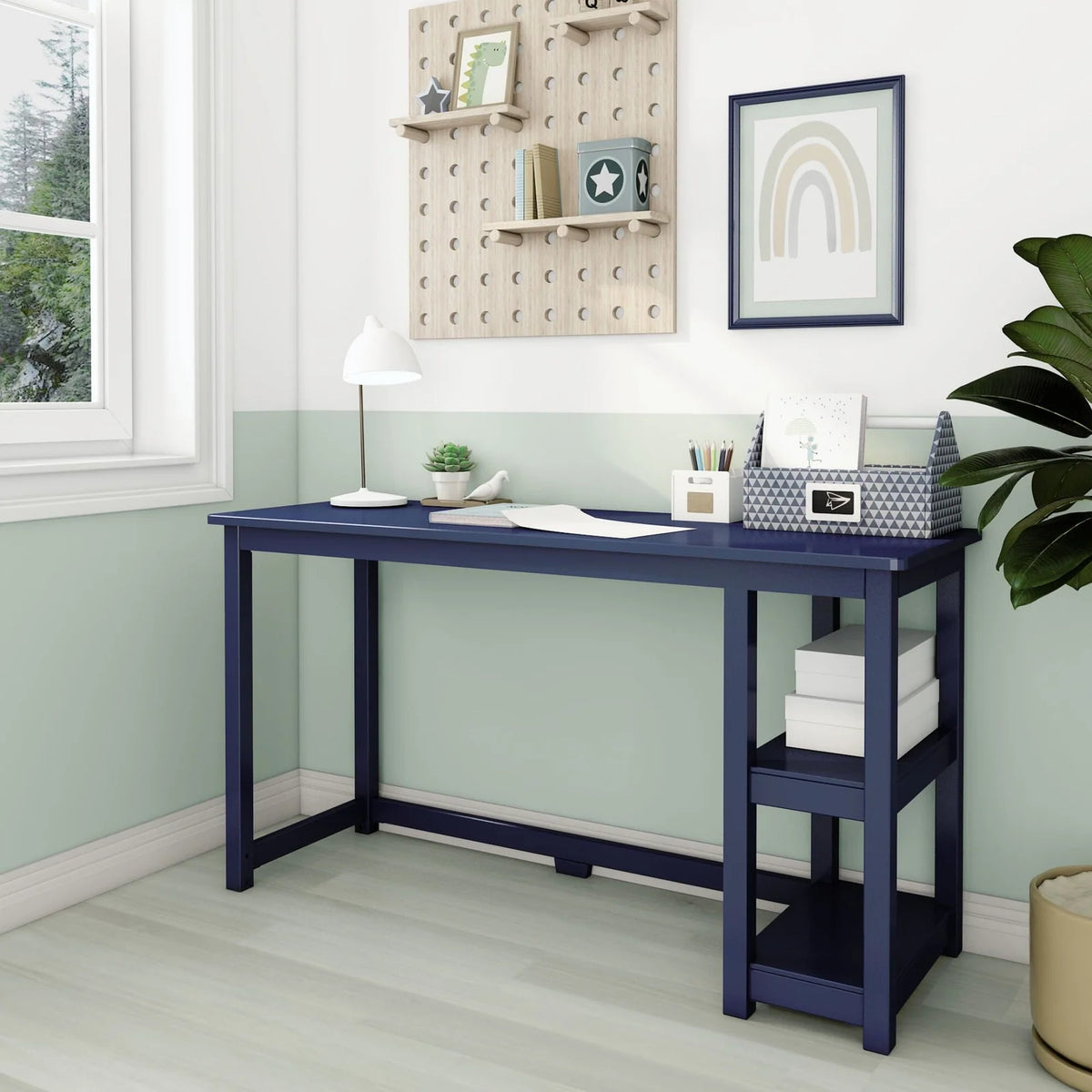 Kids Desk with Two Shelves, Rounded Corners and 47.25 or 55.25 Inch Length for Study, Crafts and Games