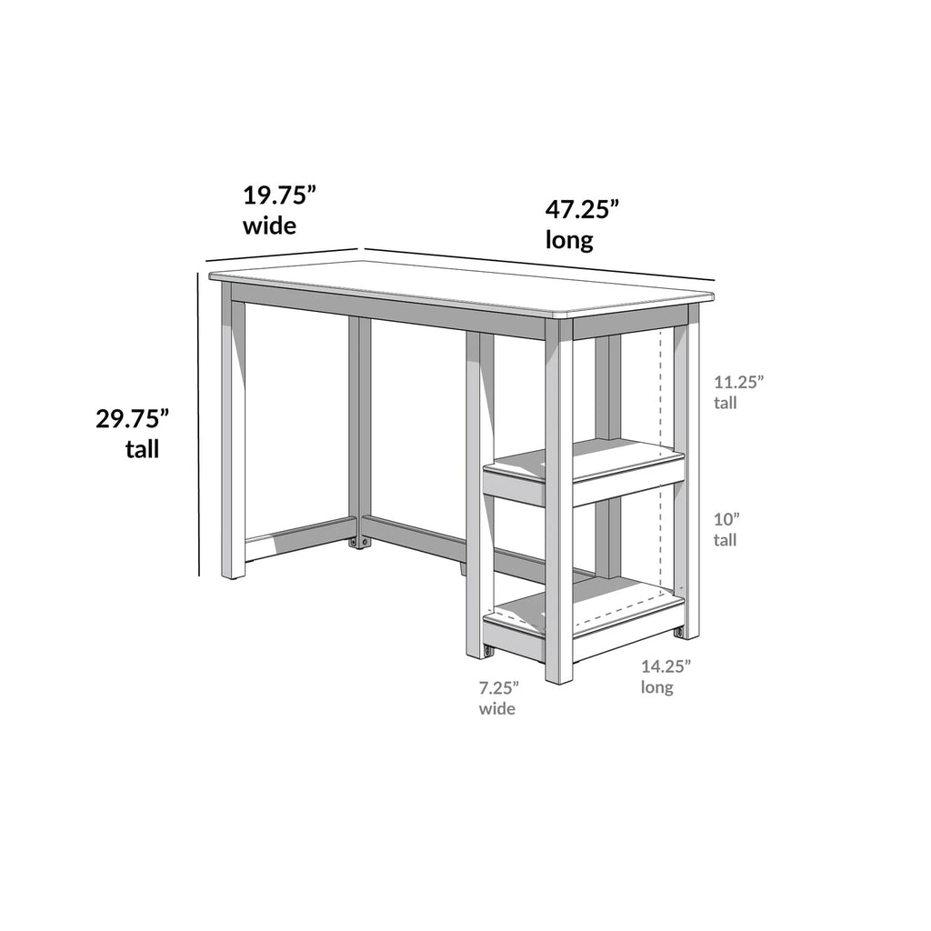 Kids Desk with Two Shelves, Rounded Corners and 47.25 or 55.25 Inch Length for Study, Crafts and Games