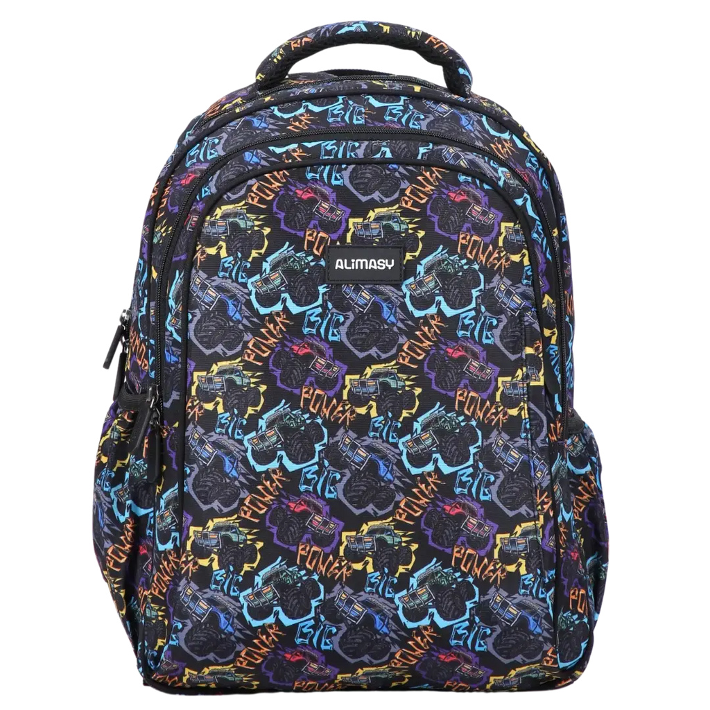 Kids School Backpack with Monster Truck Print, Two Large Compartments, Water-Resistant 600D Polyester and Padded Comfort